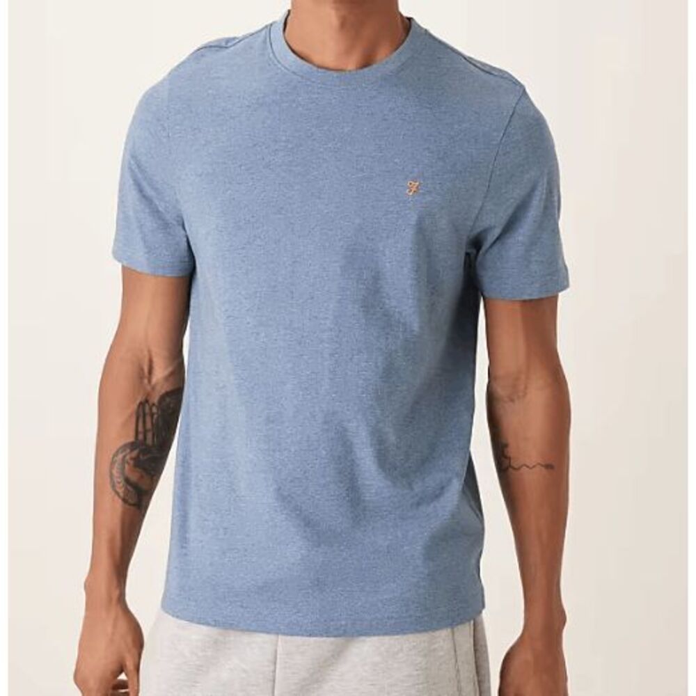 Farah Danny Logo T Shirt Blue Organic Cotton Crew Neck Mens XS NEW